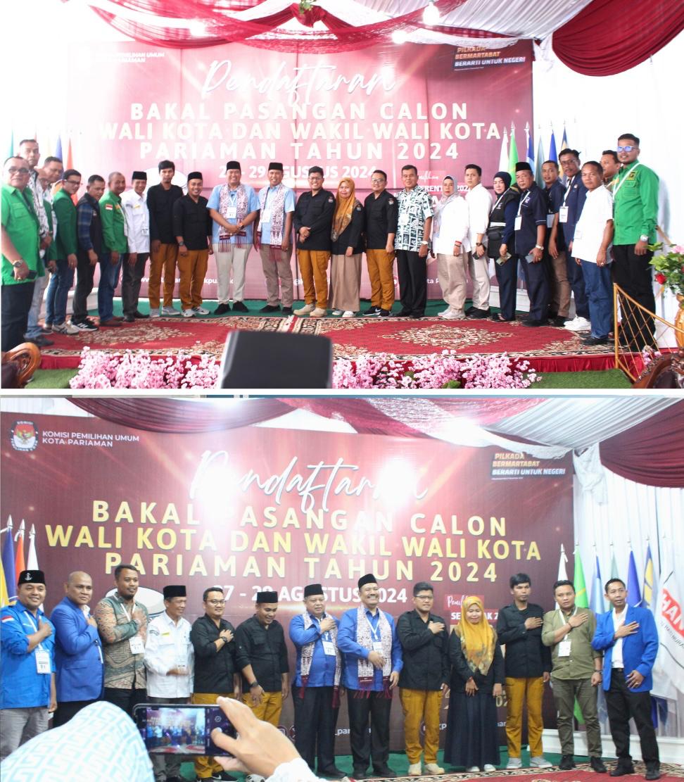 Foto bersama Bakal Calon Walikota dan Wakil Walikota yang mendaftar saat hari pendaftaran hari terakhir, Yota Balad-Mulyadi dan Mardison-Anif