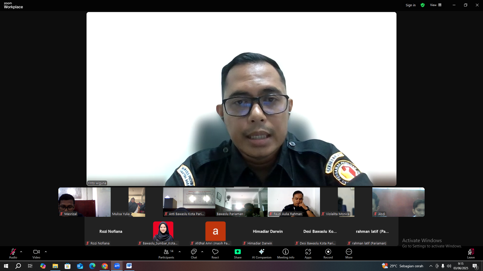 Zoom bersama Plt. Koordinator Sekretariat Bawaslu Kota Pariaman, Rinto Amarta Wiguna, 03/06/25