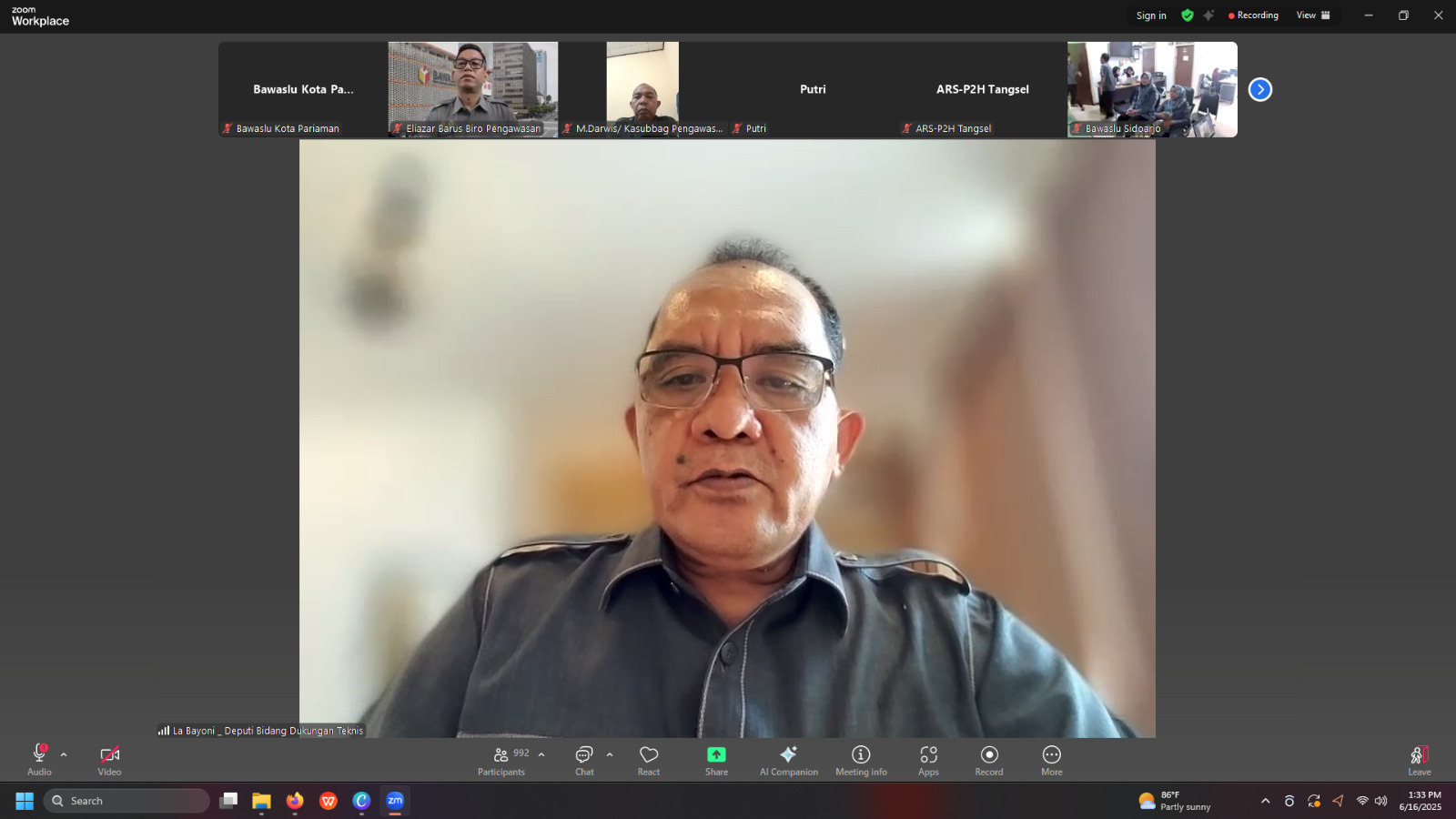 Rapat Koordinasi Persiapan Pengawasan PDPB yang Bawaslu Republik Indonesia pada senin, 16/06/25 via zoom meeting.