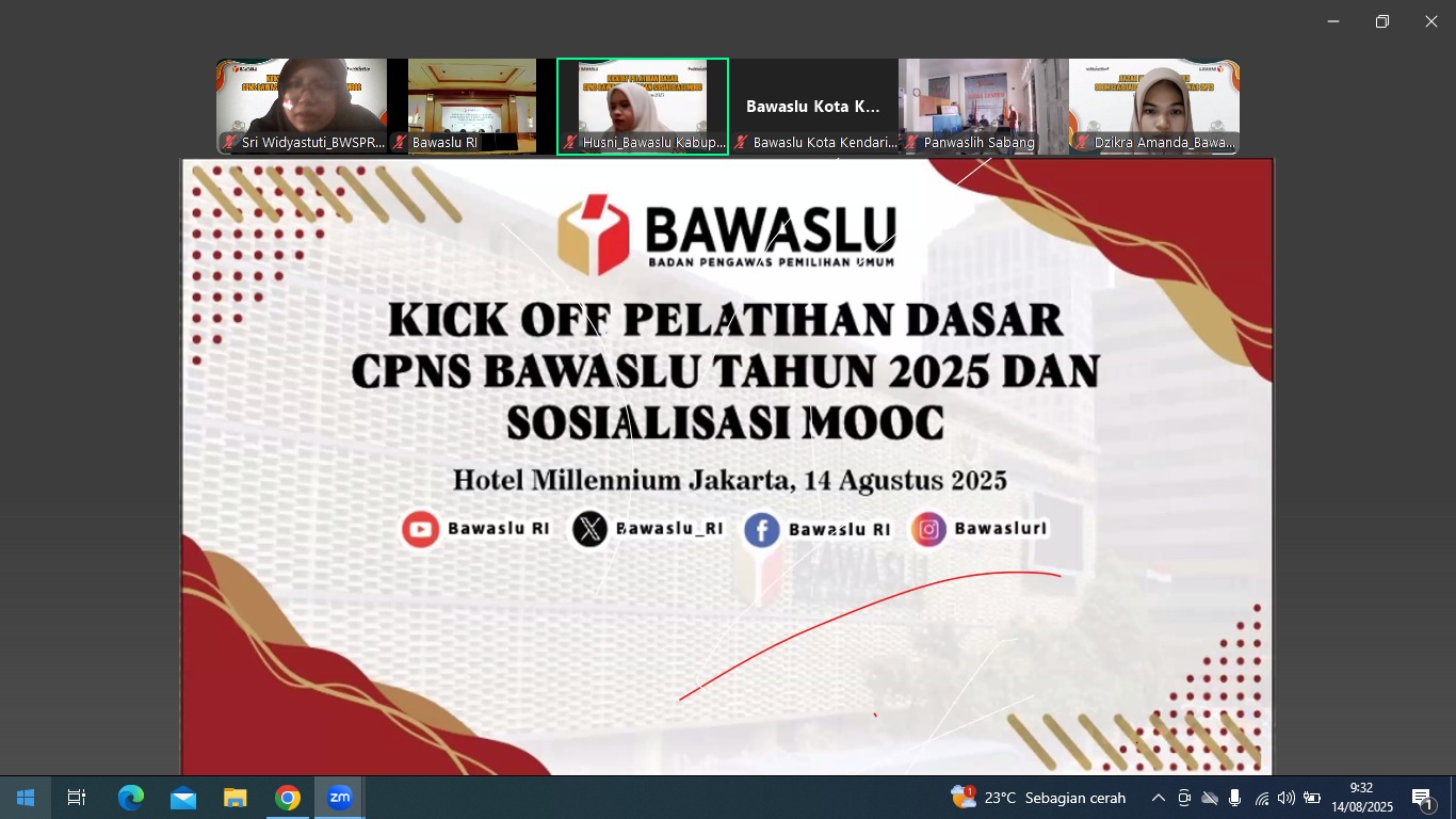 Zoom Kick Off Pelatihan Dasar Calon Pegawai Negeri Sipil (CPNS) Bawaslu tahun 2025 dan sosialisasi massive open online course (MOOC) via daring melalui aplikasi zoom meeting pada kamis, (14/08/25).