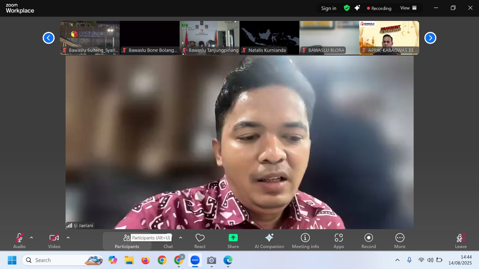 Rapat Evaluasi Teknis Pengisian Form Pencegahan Online yang diselenggarakan oleh Bawaslu Republik Indonesia secara daring melalui aplikasi zoom meeting pada kamis, (14/08/25)