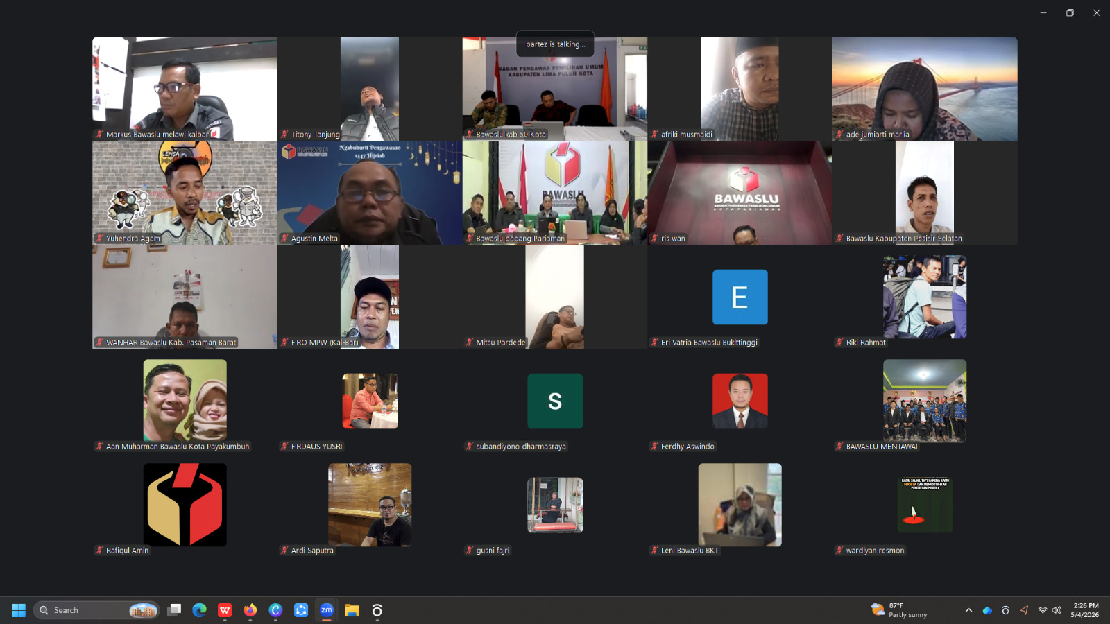 Zoom diskusi sepakat Bawaslu Provinsi Sumatera Barat, senin 05/05/2026