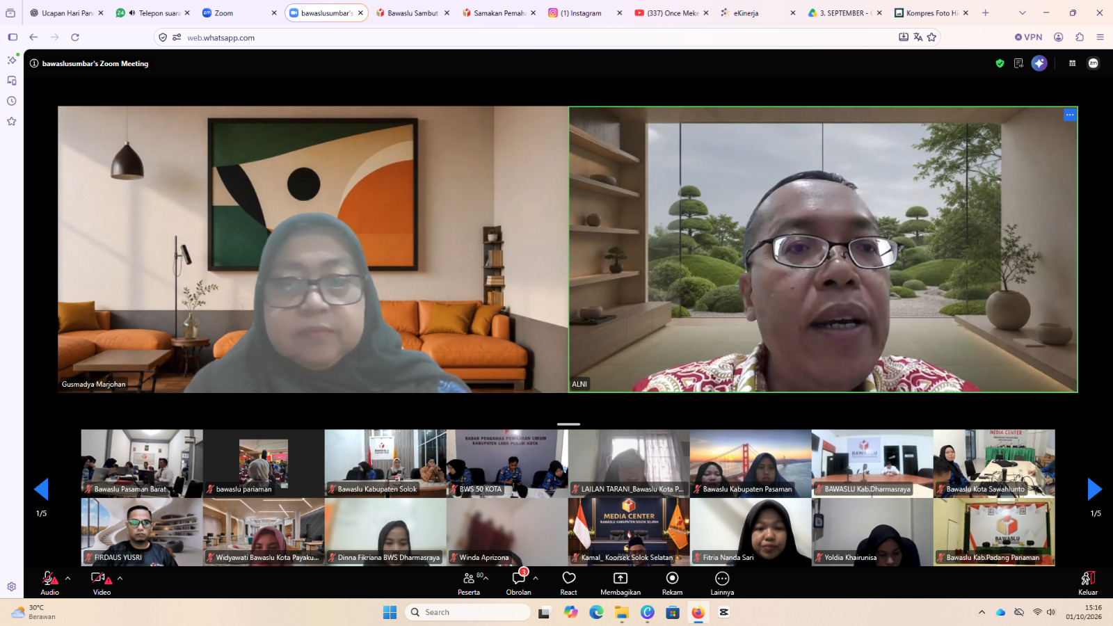 Bawaslu Pariaman Ikuti Rapat Penjelasan Teknis Pengoperasian Aplikasi CERMAT E-Monev IKU, 01/10/26