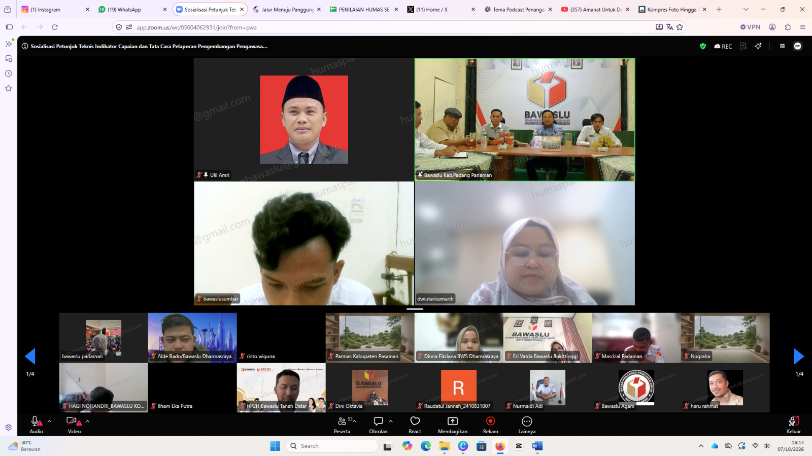 Bawaslu Pariaman Ikuti Rapat Sosialisasi Pelaporan Pengembangan Pengawasan Partisipatif TW III Tahun 2026, 07/10/26